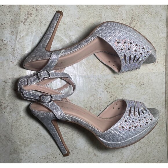 Silver Rhinestone Embellished High Showgirl Heel Sandals Ankle Strap Peep Toe - Picture 10 of 10